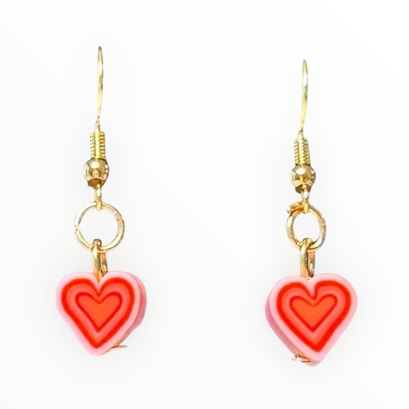 Pink & Red Rubber Heart Earrings with 18k Gold Plated Wires - Picture 1 of 2